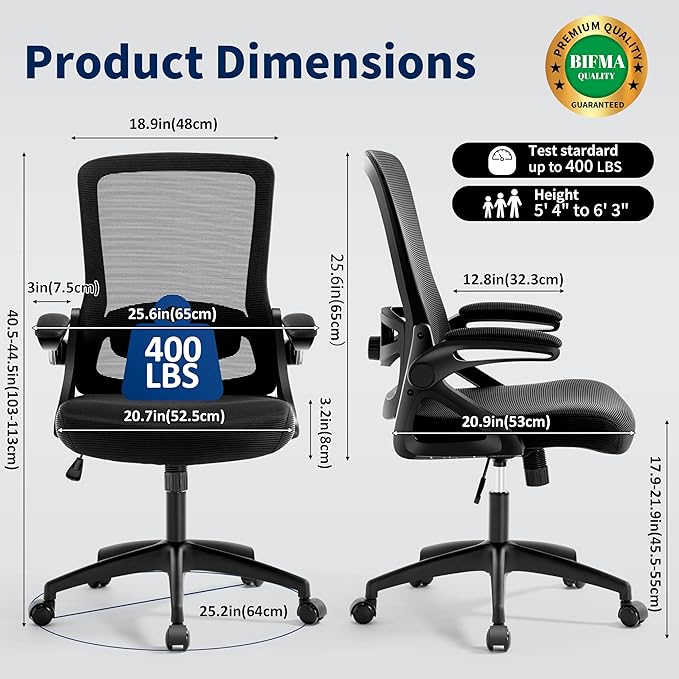 Ergonomic Office Chair, Desk Chair with Adjustable Lumbar Support, Breathable Mesh Comfy Computer Chairs with Flip-up Armrests Executive Task Chair for Adults Home Office(Black)