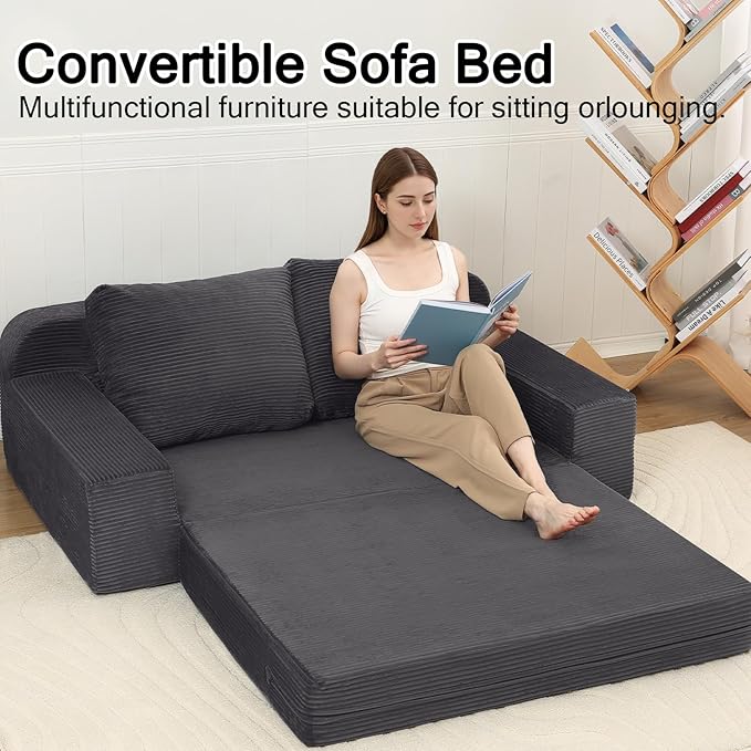 COMAX Convertible Sofa Bed Queen, Folding Floor Couch Corduroy Fold Out Couch Bed Sleeper Mattress with Back Pillows, Boneless Pull Out Loveseat Comfy Futon Lounge for Living Room Bedroom, Grey