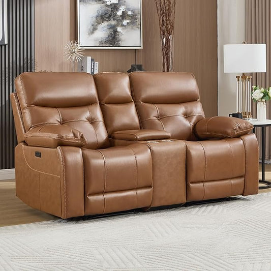 CANMOV Genuine Leather Power Recliner Loveseat, 2 Seat Loveseat Reclining Sofa with Storage Console,Hidden Cup Holders,Modern Electric Recliner Couch Set for Living Room, Bedroom,Brown