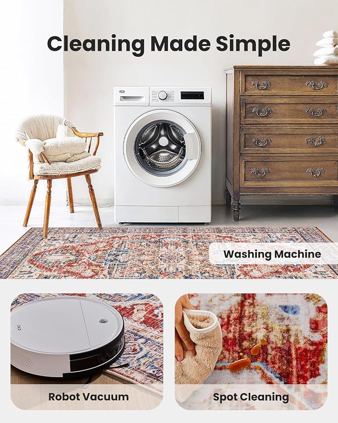 AMADA HOMEFURNISHING 9x12 Washable Area Rug, Low-Profile Large Area Rug with Non-Slip Backing & Durable Edge Binding, Vintage Large Rugs for Living Room, Bedroom & Dinning Room