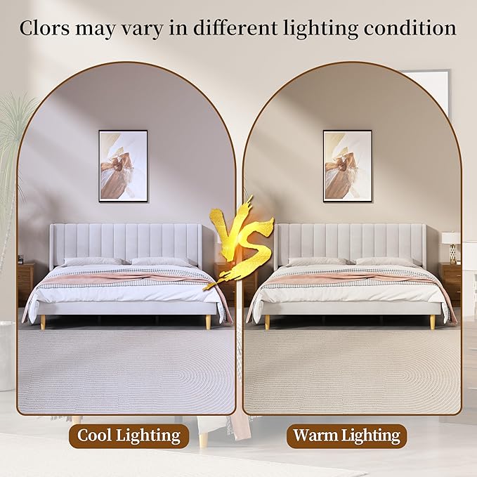 King Size Upholstered Platform Bed Frame with Modern Wingback & Vertical Panel Headboard, Velvet Fabric, Wooden Legs & Slats Support, No Box Spring Needed, Noise-Free & Easy Assembly, Cream