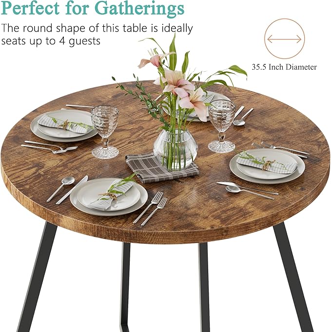 VECELO 35" Round Dining Table for 4, Wood-Grain Tabletop & Heavy-Duty Steel Frame, for Kitchen, Living Room, Easy Assembly, Antique Brown