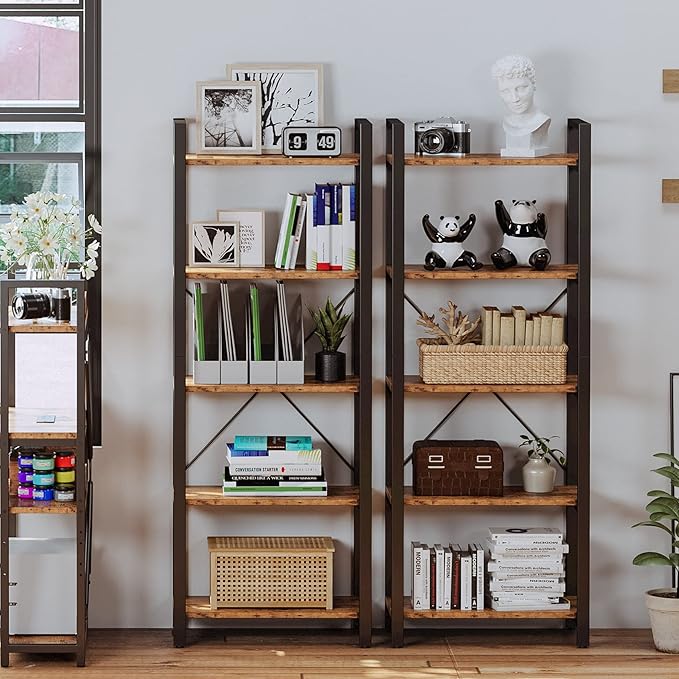 IRONCK Bookshelf 5-Tier Ladder Shelf 110 lbs or Shelf Vintage Industrial Style Bookcase for Home Decor, Office Decor