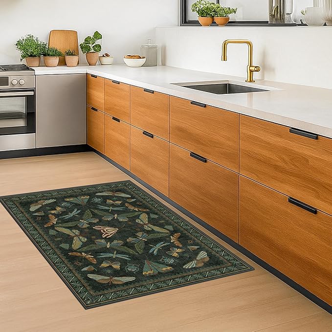 2x4 Entry Way Rugs Indoor - Dark Green Putdoor Rug for Kitchen, Bathroom, Insect Boho Design, Washable Non Slip Stain Resistant