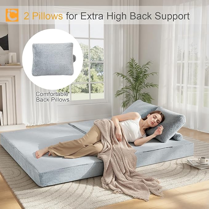 COMAX Convertible Sofa Bed, Folding Floor Couch Fold Out Couch Bed Futon Sleeper Mattress with Pillows, Boneless Sofa Comfy Lounge Loveseat for Living Room Bedroom, Snow Light Grey