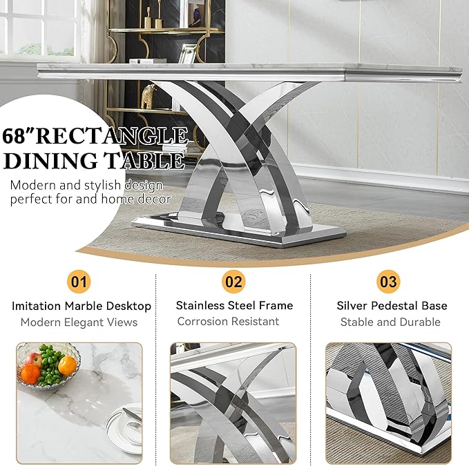 Modern White Marble Dining Table Set for 6,7-Piece Kitchen Table and Chairs for 6,Luxury Silver Dining Room Table Set w/68" Rectangle Dinner Table & 6 Black Velvet Chairs for Kitchen Dining Room