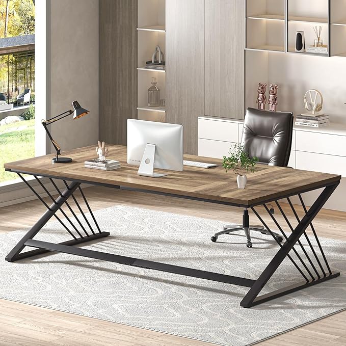 FOLUBAN 70.9" Computer Desk with Z-Shaped Legs, Industrial Work Executive Home Office Desk, Large 2 Person Gaming Study Desk Writing Table, Oak