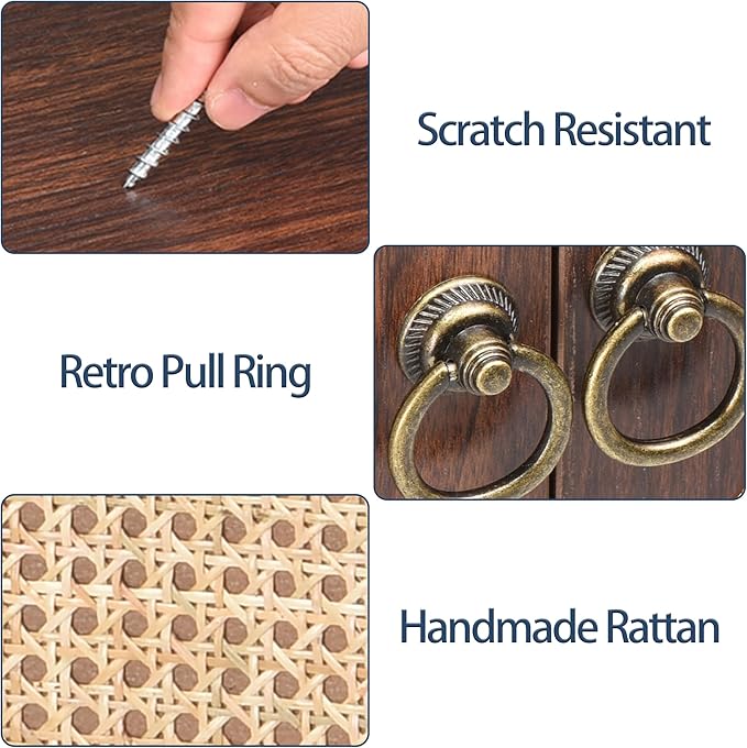 26" Rattan-Door Sideboard Cabinet with Round Pull Rings, 2-Door Credenza Buffet with Generous Storage, Modern Accent Cabinet for Living Room & Kitchen, Dark Brown