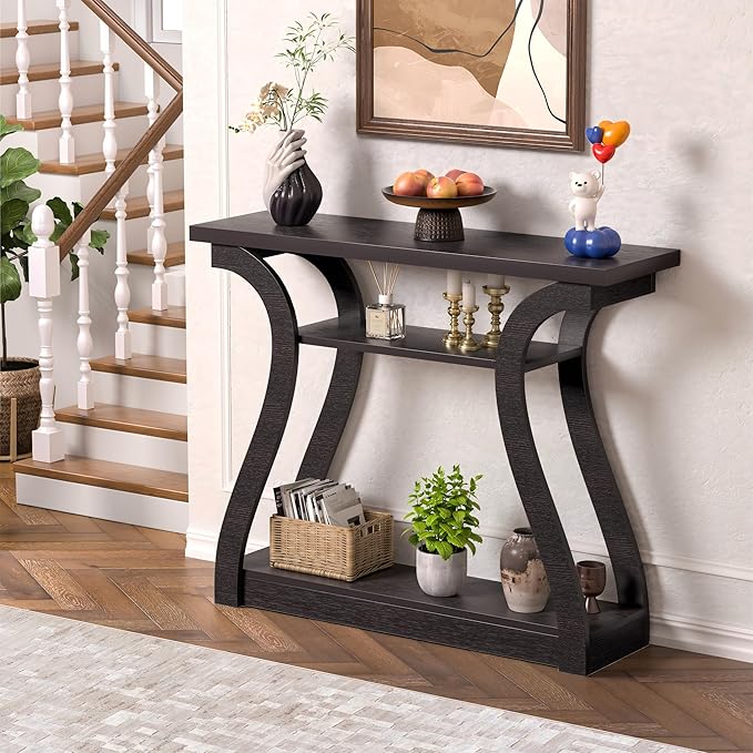 Wooden Console Table with Curved Legs and Shelf, 3-Tier Modern Accent Sofa Table for Entrance Area, Living Room, Hallway, 47 in Wide (Brown)