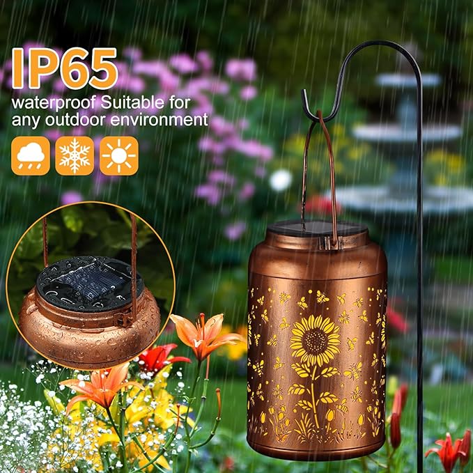 Solar Lanterns Outdoor, Waterproof Hanging Metal Solar Lanterns LED Decoration for Garden, Yard, Patio - Perfect Birthday Gifts for Women Mom Grandma(Sunflower + Bee)