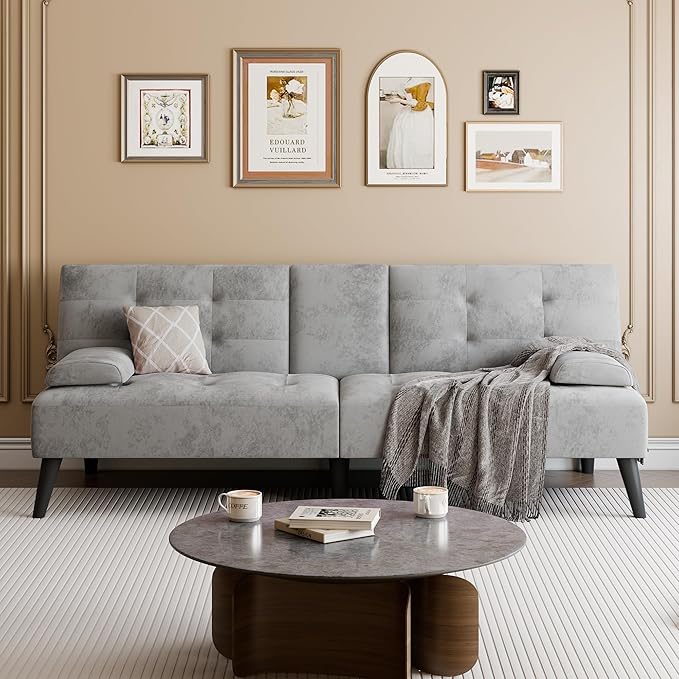 Meilocar Futon Sofa Bed, Modern Sofa Couch Recliner, Adjustable Sofa Bed for Living Room, Office, Guest Room Removable Armrest, 2 Cup Holders, Adjustable Backrest, Light Grey