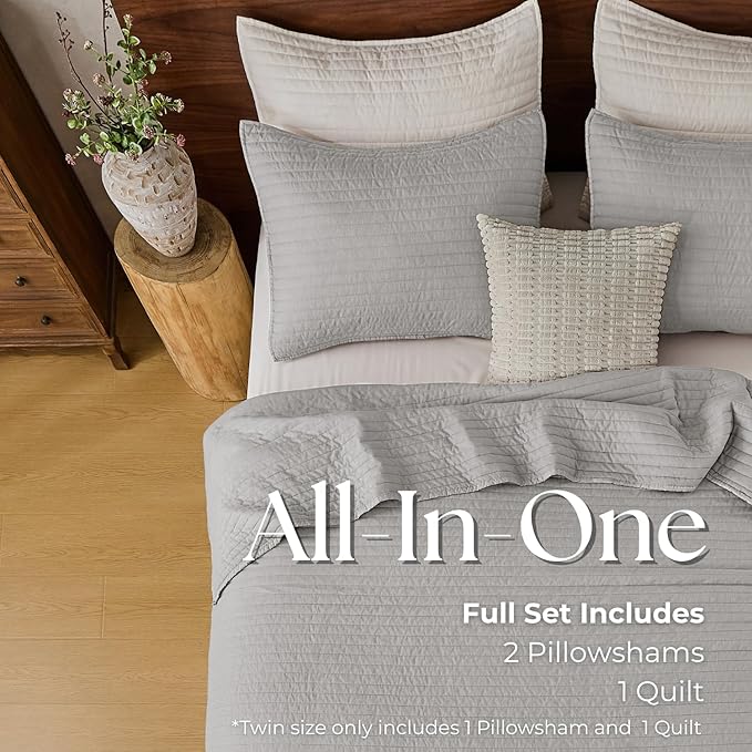 DOWN HOME Twin Quilt Bedding Set with Sham, Vintage Washed Soft Quilted Blanket Thin Comforter Lightweight Bedspread Coverlet Bed Cover, Brushed Microfiber Stripe Stitching, Light Gray, 66"x92"