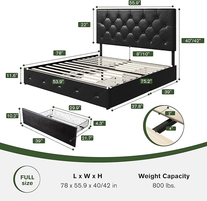 MUTICOR Full Size Bed Frame with 4 Storage Drawers, Upholstered Platform Bed with Button Tufted Adjustable Headboard, No Box Spring Needed, Easy Assembly, Diamond Tufted, Black Leather
