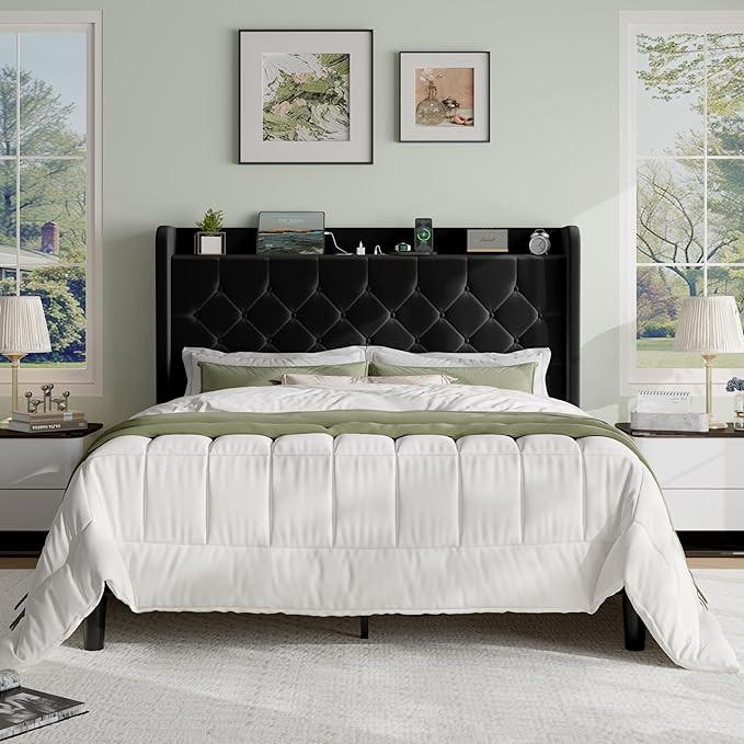 SHA CERLIN Full Size Platform Bed Frame with Charging Station, Velvet Wingback Headboard with Storage Shelf, Wooden Slats Support, Ample Under-Bed Space, No Box Spring Needed, Easy Assembly, Black