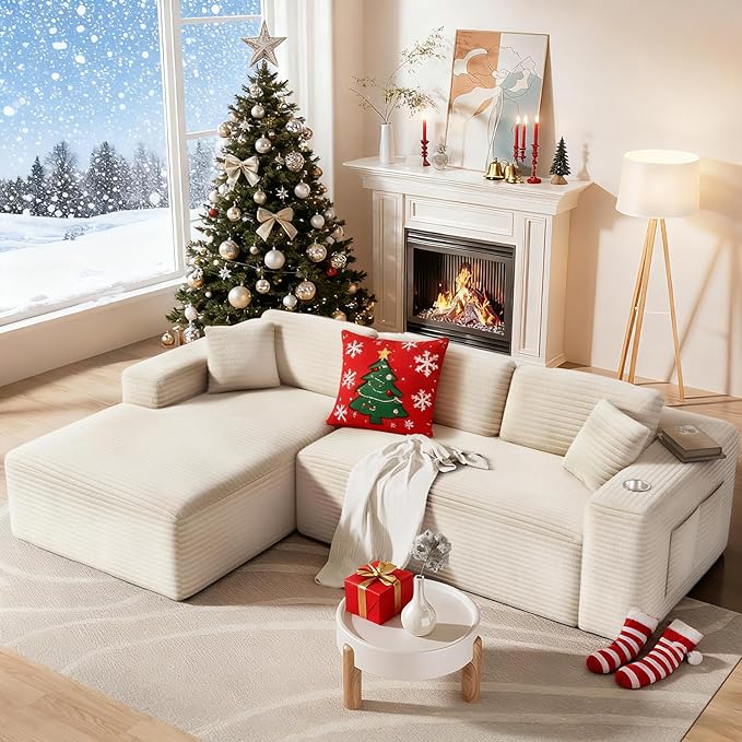 108” Cloud Sectional Couch in One Box, Compressed Modular Sectional Sofa with Deep Seat, Corduroy Boneless Couches, L-Shaped Sofa for Living Room, 4 Storage Pockets(Left Facing Chaise, Beige)