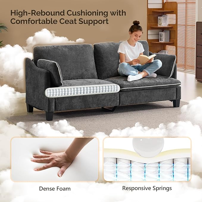 VINGLI 84" W Oversized Comfy Two Seat Love Seat, 37" Extra Deep Seat Piping Design Loveseat Couch with Two Pillows, Linen Fabric Modern Small Sofa for Small Living Room, Bedroom, Black