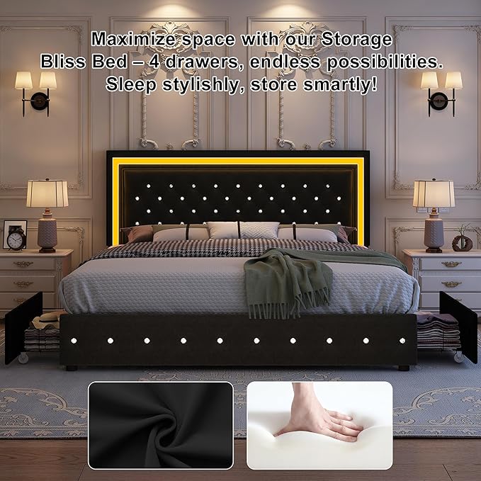 King Led Bed Frame with 4 Storage Drawers, Bed Frame with Led Lights No Box Spring Needed, 900 lbs Capacity, Easy Assembly, Velvet Black