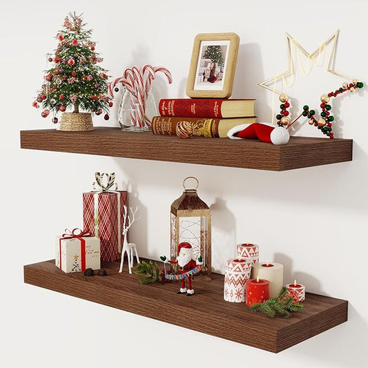 Floating Shelves 36 Inch Long, 12 Inch Deep Floating Shelves for Wall, 36 x 12 Shelves for Wall Storage & Display, 2" Thick Floating Shelf for Bathroom, Living Room, Bedroom, Walnut Color, Set of 2