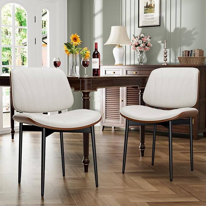 Dining Chairs Set of 2, Dining Room and Kitchen Chairs, Mid Century Modern Accent Chair, Upholstered PU Leather Chairs for Vanity with Walnut Bentwood and Metal Legs, Beige
