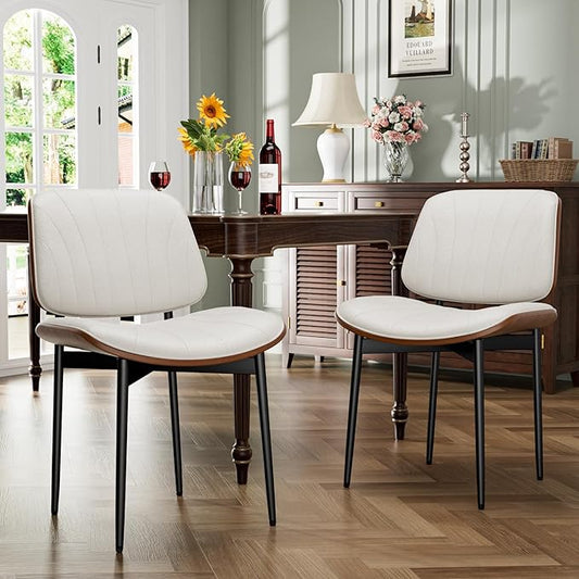 Dining Chairs Set of 2, Dining Room and Kitchen Chairs, Mid Century Modern Accent Chair, Upholstered PU Leather Chairs for Vanity with Walnut Bentwood and Metal Legs, Beige