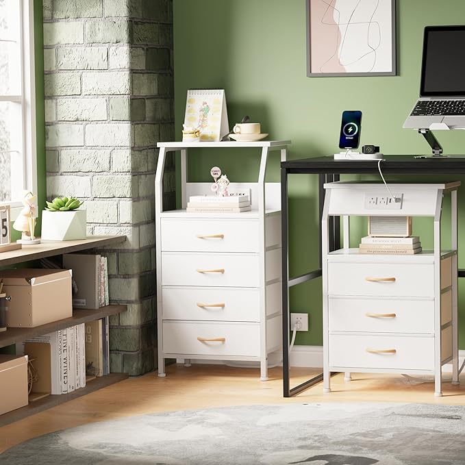 Furnulem Night Stand with Charging Station, 28.3 Inch Tall Bedside Table with PVC Drawers, End Table with USB Ports and Outlets, 3 Fabric Drawer Storage Nightstand for Bedroom, 3 Ways to Use, White