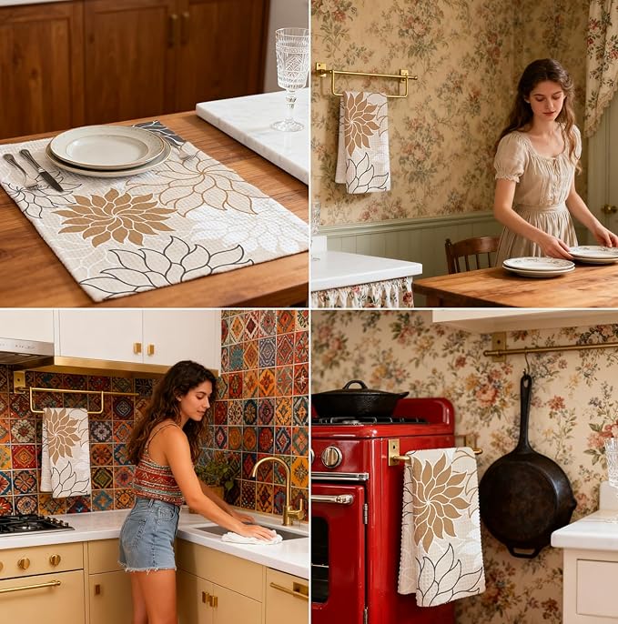 2-Pack Boho Floral Abstract Waffle Towels, Flower Hand Towel for Bathroom Decor, 16x24 Inch Neutral Brown & Orange Color Flower Dish Tea Towel Decor for Kitchen/Bath/SPA,Gift for Friends.