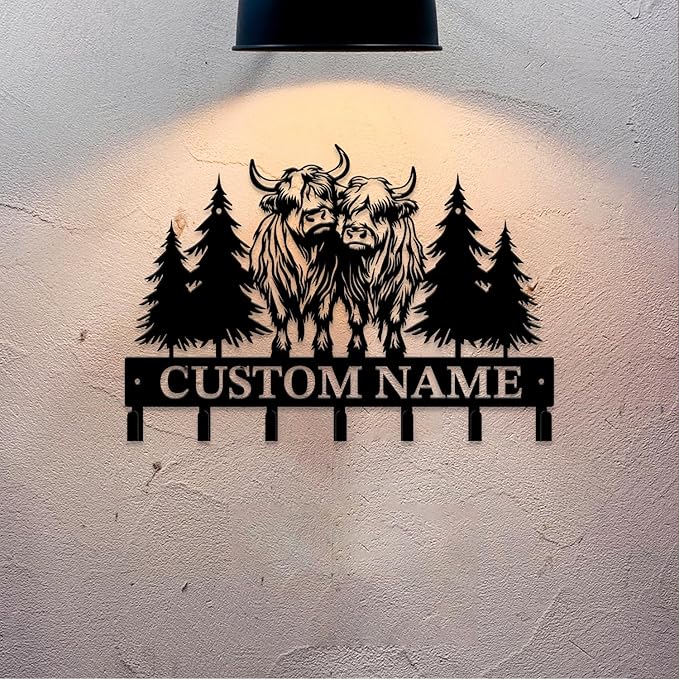 Personalized Highland Cow Metal Keys Hooks,Custom Name Metal Highland Cow Keys Hooks,Black Metal Highland Cow Wall Home Storage Decorative Keys Hooks,Key Holder Hooks for Wall (Style I)