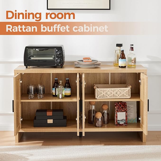 Mericonia Rattan Buffet Cabinet with Storage, Sideboard Cabinet with Doors and Adjustable Shelves, Farmhouse Coffee Bar Station Table, Modern Wood Cupboard for Kitchen, Livingroom and Dining Room