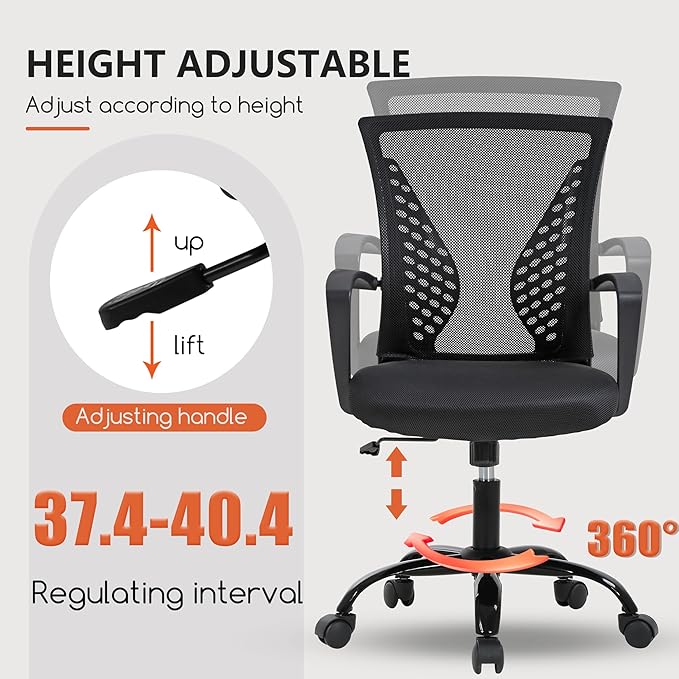 BestOffice Office Chair Desk Chair Computer Chair with Lumbar Support Armrest Mid Back Rolling Swivel Task Adjustable Mesh Ergonomic Chair for Women Adults, Dark Black