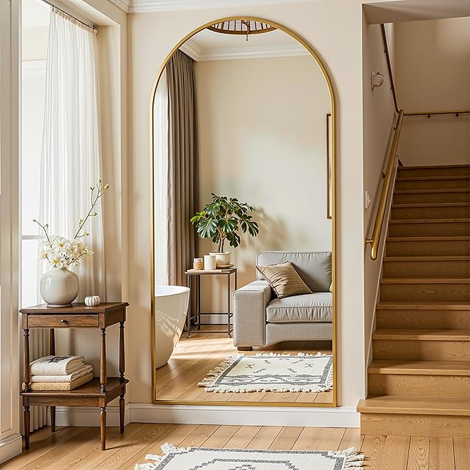 Full Length Mirror, 76"x34" Arched Full Body Mirror, Floor Mirrors with Stand, Body Mirrors Standing Hanging Leaning Against Wall,Aluminum Frame Mirrors for Bedroom Cloakroom,Living Room,Gold