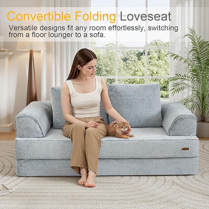 COMAX Convertible Sofa Bed, Folding Floor Couch Fold Out Couch Bed Futon Sleeper Mattress with Pillows, Boneless Sofa Comfy Lounge Loveseat for Living Room Bedroom, Snow Light Grey