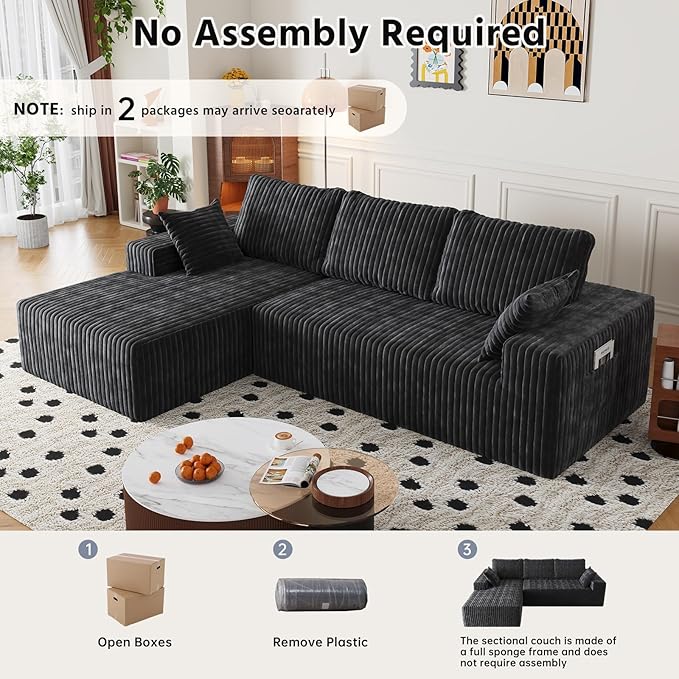 108" Sectional Couches for Living Room, Modular Sectional Sofa with L-Shape Chaise, Boneless Couch, Comfy Corduroy Fluffy Couch with Deep Seat and Side Pockets, No Assembly Required
