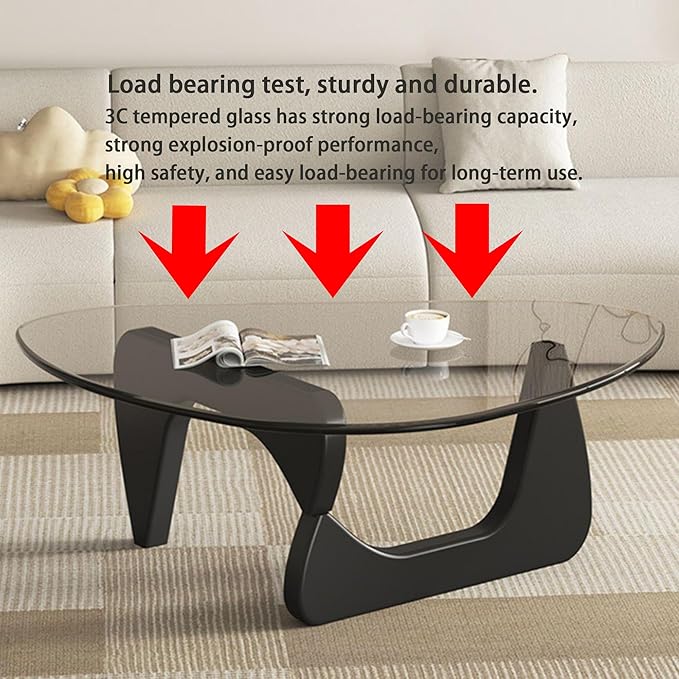 EASYSOUL Modern Glass Coffee Table, 44.88" D x 32.28" W x 15.75" H, Abstract Round Tea Tables for Living Room Home Office Industrial Cocktail Tables (Black-Clear Glass, 44.88")