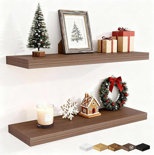 Fun Memories Floating Shelves for Wall, 30 Inch Rustic Wood Wall Mounted Shelves for Bathroom, Bedroom, Kitchen, Living Room, Deep Floating Shelves for Storage & Home Decor (Walnut, Set of 2)