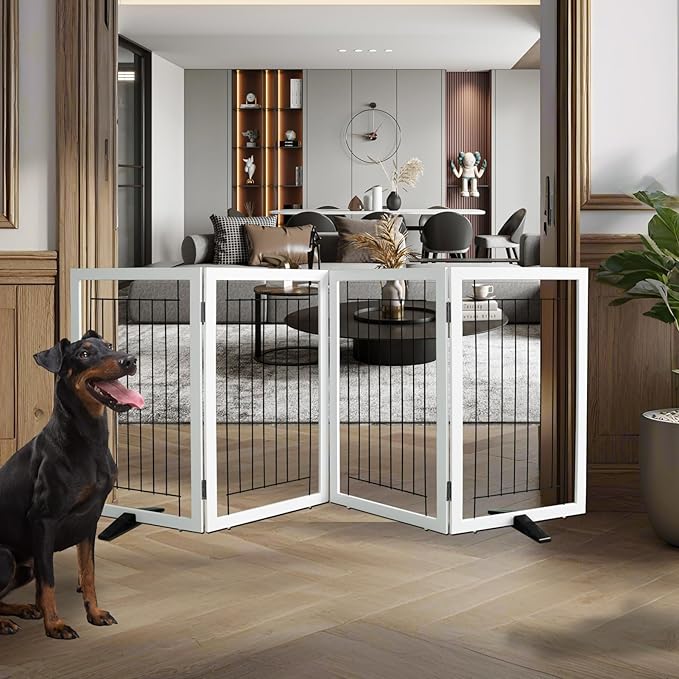 ZJSF Freestanding Dog Gate Indoor, Foldable Dog Fence for Doorways,Hallways or Stairs, Sturdy Wood Extra Wide Pet Gate with Support Feet,White,32 "Height-4 Panels