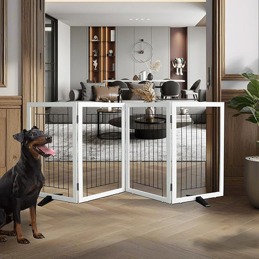 ZJSF Freestanding Dog Gate Indoor, Foldable Dog Fence for Doorways,Hallways or Stairs, Sturdy Wood Extra Wide Pet Gate with Support Feet,White,32 "Height-4 Panels