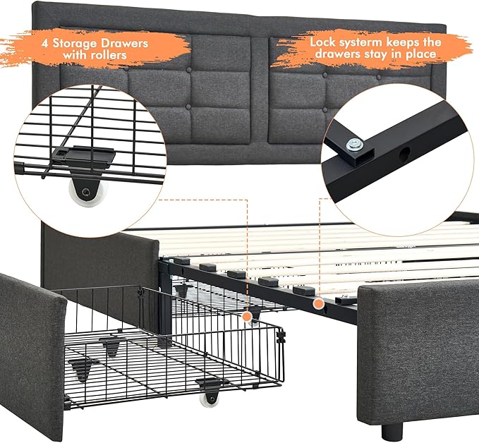 VECELO Full Size Bed Frame with 4 Drawers, Adjustable Tufted Button Headboard, Upholstered Platform with Wood Slats Support, Built-in USB and Type C Ports, Dark Gray