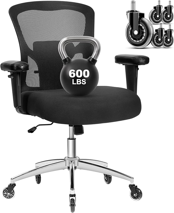 Bigroof Big and Tall Office Chair 600lbs, Heavy Duty Ergonomic Mesh Chair, Computer Executive Desk Chair with Wide Thick Seat, Adjustable Armrests, Lumbar Support
