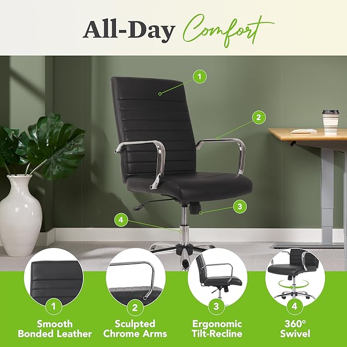 HON Sadie Executive Chair, Ergonomic Leather Office Chair with Chrome Arms and Back Support, for Computers, Desks, Home Offices, 360 Swivel, Black