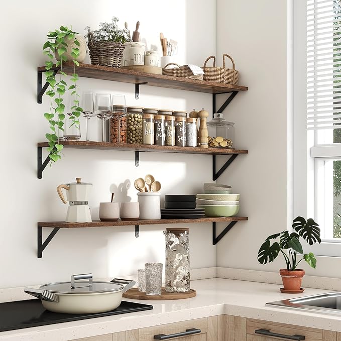 Axeman Floating Shelves for Wall 40 Inch | 39.4W x 8D Rustic Wood Floating Shelves Set of 2 | 8 Inch Deep Long Wall Shelves for Bathroom Kitchen Living Room | Bookshelf Display Shelves - Rustic Brown