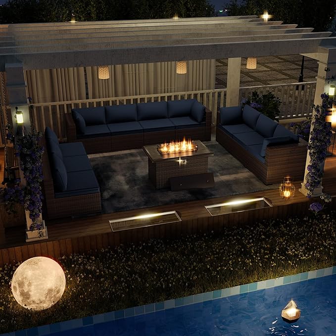 Kurapika 11 Pieces Patio Furniture Set, Rattan Wicker Outdoor Conversation Sets w/43in Propane Fire Pit Table and 4 Inch Cushion(Navy Blue)