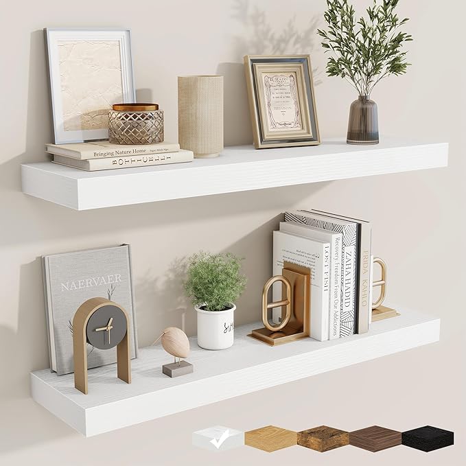 fuqing Floating Shelves for Wall, Wall Mounted Wood Floating Shelf with Invisible Brackets for Living Room, Bathroom, Bedroom, Kitchen Storage and Decor, 30 Inch Set of 2, White