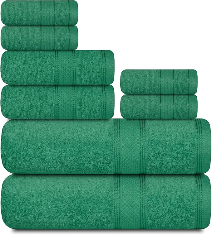 Casa Lino Bath Towel Set of 8 (2 Bath Towels, 4 Wash Cloths & 2 Hand Towels for Bathroom) - 100% Cotton - Highly Absorbent & Quick Dry - Guest Room Essentials for Bathroom Set - (Green)