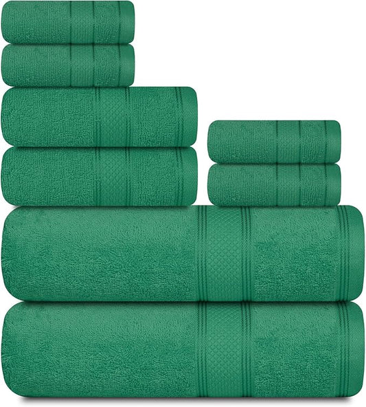 Casa Lino Bath Towel Set of 8 (2 Bath Towels, 4 Wash Cloths & 2 Hand Towels for Bathroom) - 100% Cotton - Highly Absorbent & Quick Dry - Guest Room Essentials for Bathroom Set - (Green)