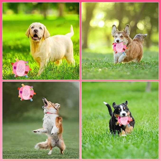 Dog Squeak Ball Toys with Tags, Interactive Dog Toys, Soft Stuffed Puppy Toys with Built-in Bell, Dog Chew Toys to Keep Them Busy for Small Medium Large Dogs - 6 Inches, Pink