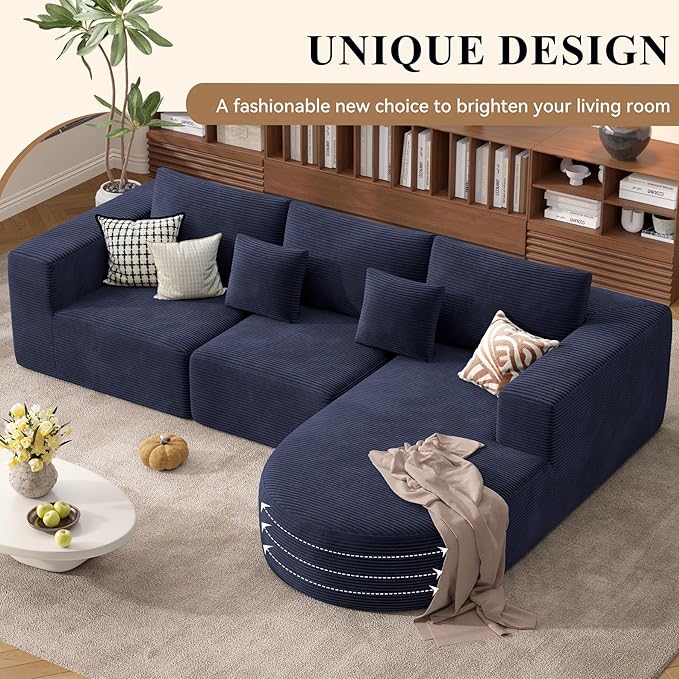 Boneless Couches for Living Room,Modular Sectional Sofa with Ottoman,Cloud Couch in a Box,Sponge Compression U Shaped Sofas with Chaise No Assembly Required(Blue-Corduroy Fabric) 1pcs