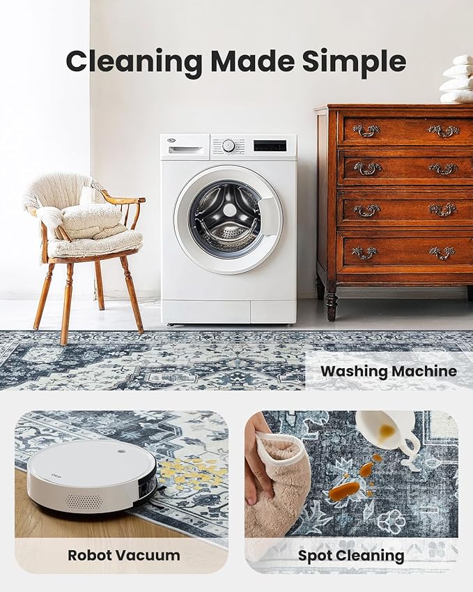 AMADA HOMEFURNISHING 9x12 Area Rug, Washable Low-Profile Large Area Rug with Non-Slip Backing & Durable Edge Binding, Vintage Large Rugs for Living Room, Bedroom