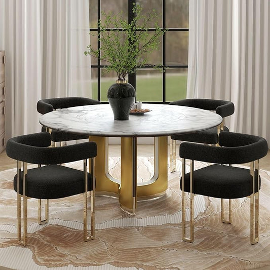 Set of 4 Modern Black Boucle Dining Chairs with Gold Metal Legs, Mid Century Accent Upholstered Barrel Armchairs with Open-Back for Kitchen, Dining Room, Living Room, Apartment