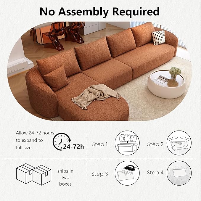 138.6" Modular Sectional Couches Luxury Modern Curved Back Sofa,Minimalist Comfy L-Shape Boneless Cloud Couch for Living Room Apartment,(Left Facing Chaise,Orange)