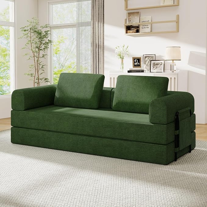 Antetek Convertible Sofa Bed, Comfy Corduroy Fluffy Love seat Sleeper Sofa, 5 in 1 Folding Couch Bed, Fold Out Floor Couch with Pillows for Bedroom, Living Room, Office, Pinstripe, Green
